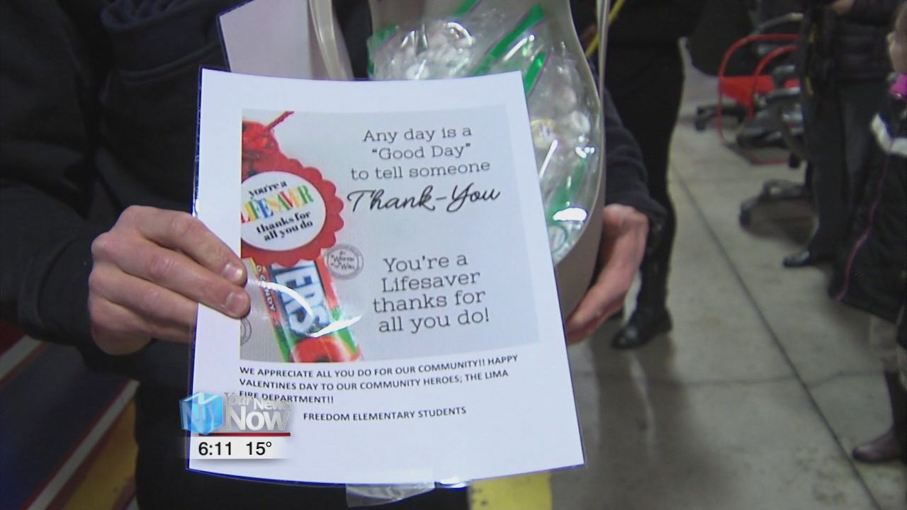 Lima Firefighters getting a little love from Lima City School children on Valentine's Day